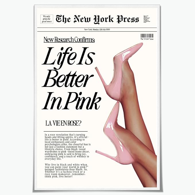 Trendy Baby Pink Poster 70s Canvas Prints The New York Press Wall Art Life Is Better in Pink Hot Girl Posters Preppy Aesthetic Decor Bedroom for Cool Girly Room Home Dorm 12x16inch Unframed
