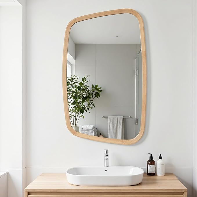 20"x31" Irregular Wood Mirror, Nature Asymmetrical Wall Mirror for Bathroom, Modern Farmhouse Vanity Mirror for Bedroom Living Room Washroom Entryway