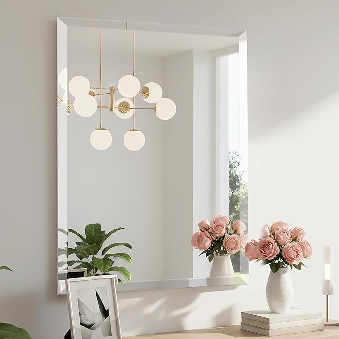 24x36 Inch Rectangle Frameless Mirror, Beveled Bathroom Mirror, Frameless Wall Mirror with 1" Beveled Edge for Bathroom Vanity, Entryway, Living Room