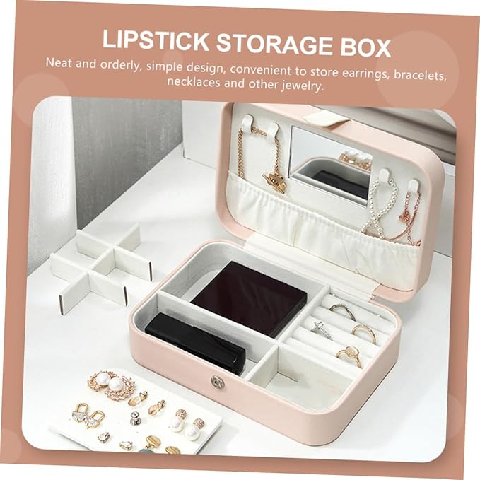 Portable Jewelry Box with Mirror for Earrings and Necklaces, Pu Leather Ring Organizer and Cosmetics Holder, Compact Jewelry Storage Case for Travel and Desktop Use, Pink