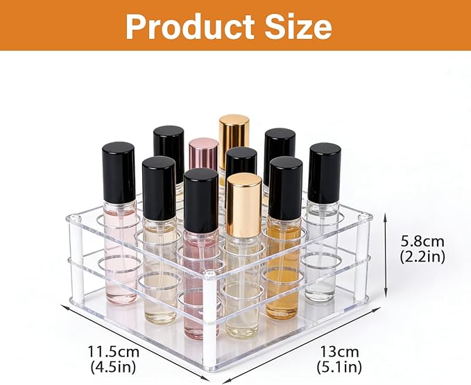 20-Space Rollerball Perfume Organizer, Clear Acrylic Perfume Holder & Display Stand, Lip Gloss Organizer, Beauty Fragrance Storage for Dresser