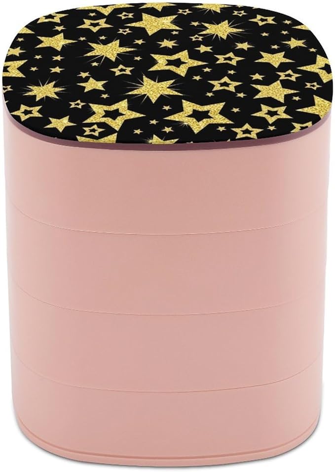 Earring Storage Box Organizer Jewelry Box Holder for Women 4-Layer Rotating Travel Jewelry Case (Black And Gold Stars Printed)