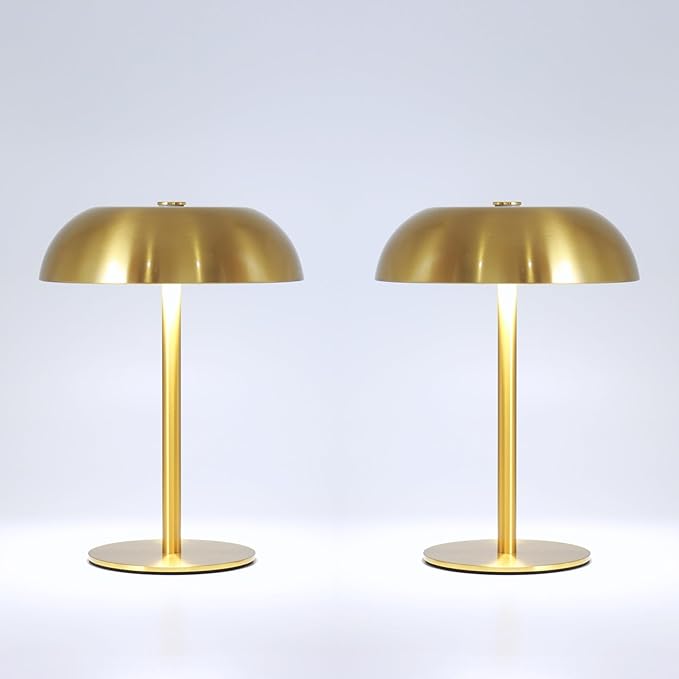 2 Pack Cordless Mushroom Table Lamp with 5200mAh Rechargeable Battery, Portable LED Night Light with Stepless Dimming, 3 Color Modes for Bedroom, Patio, Bar Decor and Coffee Shop Ambiance (Gold)