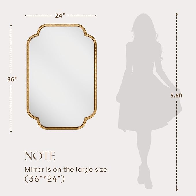 Uniclinens Gold Scalloped Mirror Wall Decor - Large Decorative Wall Mirror 36"X24" with Vintage Baroque Metal Frame, Ideal for Entryway, Fireplace, Living Room, Hallway, Bathroom