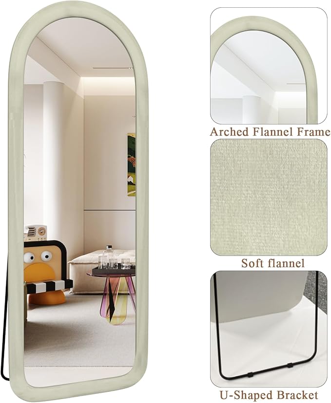 Full Length Mirror 56"x20" Arch Floor Mirror with Stand Arched Full Body Mirror Standing Hanging or Leaning Against Wall for Bedroom Flannel Wrapped Wooden Frame White