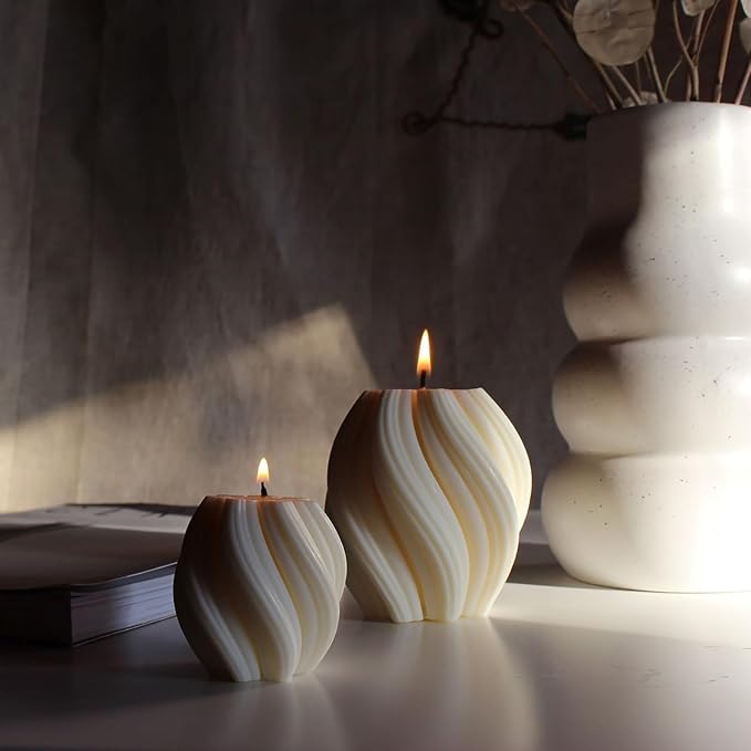 Spiral Swirl Candle Beautiful Handmade Pillar Scented Soy Decorative Candles Beautiful Bubble Aesthetic Candle Housewarming Gift Home Room Shelf Decor Idea (White Large)