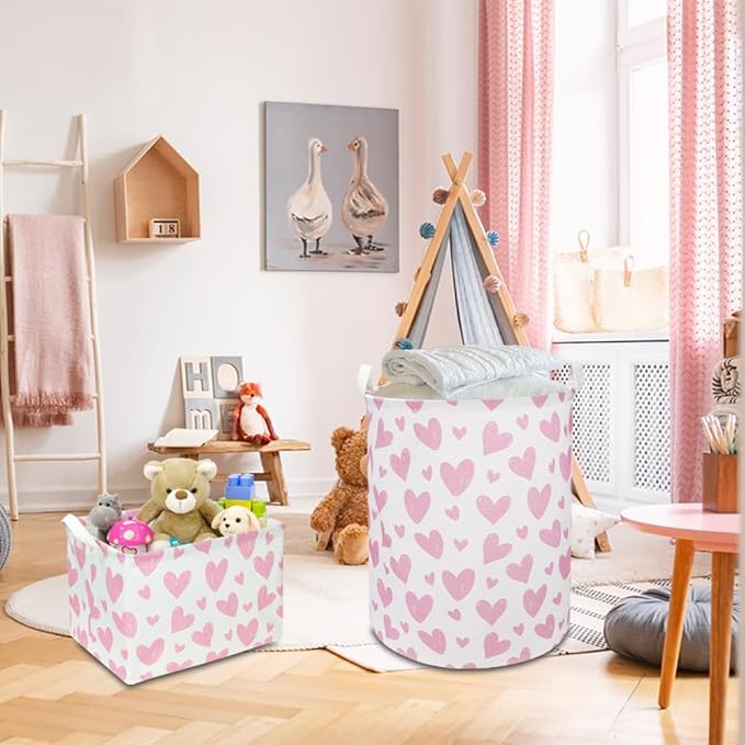 NTAOHAMPER Pink Heart Laundry Hamper, Laundry Basket, Girls Nursery Hamper,Waterproof Storage Bin for Bedroom,Clothes Organizer Basket, Room Decor(Pink Heart)