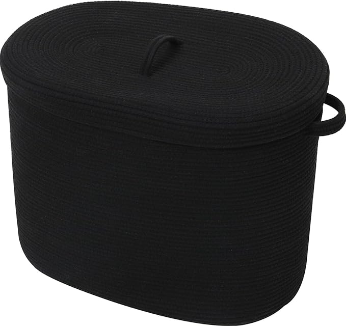22"x14"x18" Rectangular Extra Large Storage Basket With Lid, Large Cotton Rope Storage Basket, Woven Laundry Hamper, Cloth Storage Bin, for Clothes Towels Blankets in Living Room, All Black