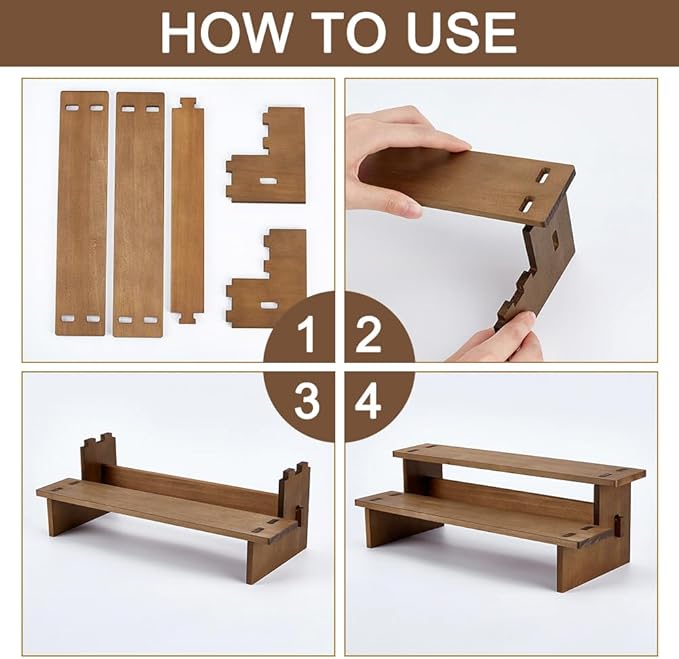 NBEADS 2-Tier Wooden Display Riser Shelf, 4.69x11.65x3.78 Inch Camel Tabletop Small Food Stand Risers Display Makeup Step Perfume Organizer for Fragrance Cosmetics Figure Collection