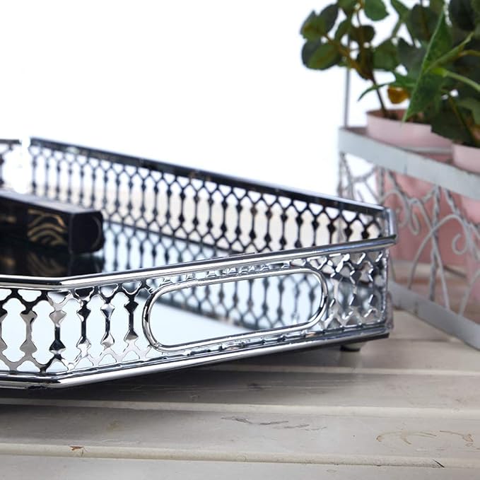 Perfume Vanity Mirror Tray - Durable Decorative Organizer for Dresser, Bedroom, Bathroom Countertops - Spacious 13.8x9.6x2.2 Inches, Scratch-Resistant - Silver