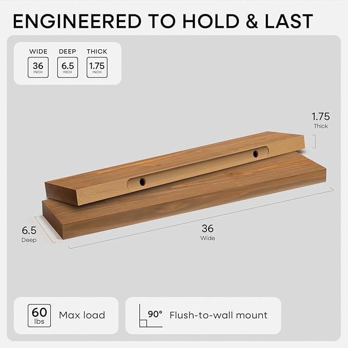 Homeforia 36 inch Golden Oak Floating Shelf, High End Solid Real Wood 36inch Small Floating Shelves for Wall Mounted, Oak Wooden 36in Floating Shelves, Heavy Duty Bracket, 36 X 6.5 X 1.75 in, Set of 2