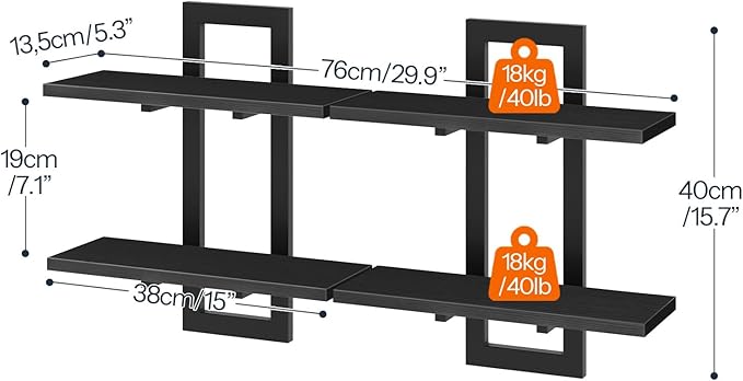 HOOBRO Floating Shelves, 15 Inch Wall Shelf Set of 2, Wall Mounted Storage Shelves 2-Tier, Hanging Bathroom Shelves, for Living Room, Bedroom, Bathroom, Kitchen, Black BK32BJ01