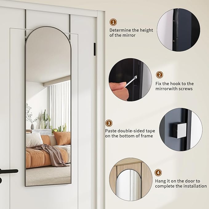 Door Mirror, Over The Door Arched Full Length Mirror, 48"x14" Hanging Mirrors for Bedroom, Living Room, Entryway, Dorm, Black
