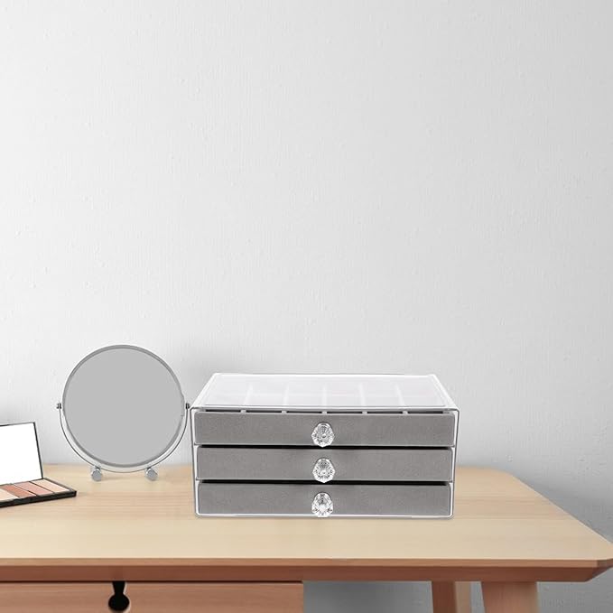 KALLORY Transparent Drawer Jewelry Organizer Box Earring Display Holder Large Capacity Ring Necklace Storage Case for Women Gray Trinket and Makeup Organizer