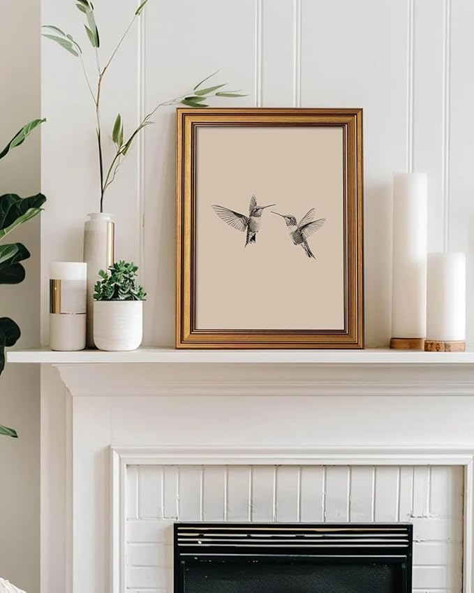 InSimSea Gold Framed Canvas Prints Wall Art, Vintage Birds Decor, Two Hummingbirds Sketch Paintings Farmhouse Wall Decor Aesthetic, Minimalist Pictures for Bedroom Living Room Shelf, 12x16inch