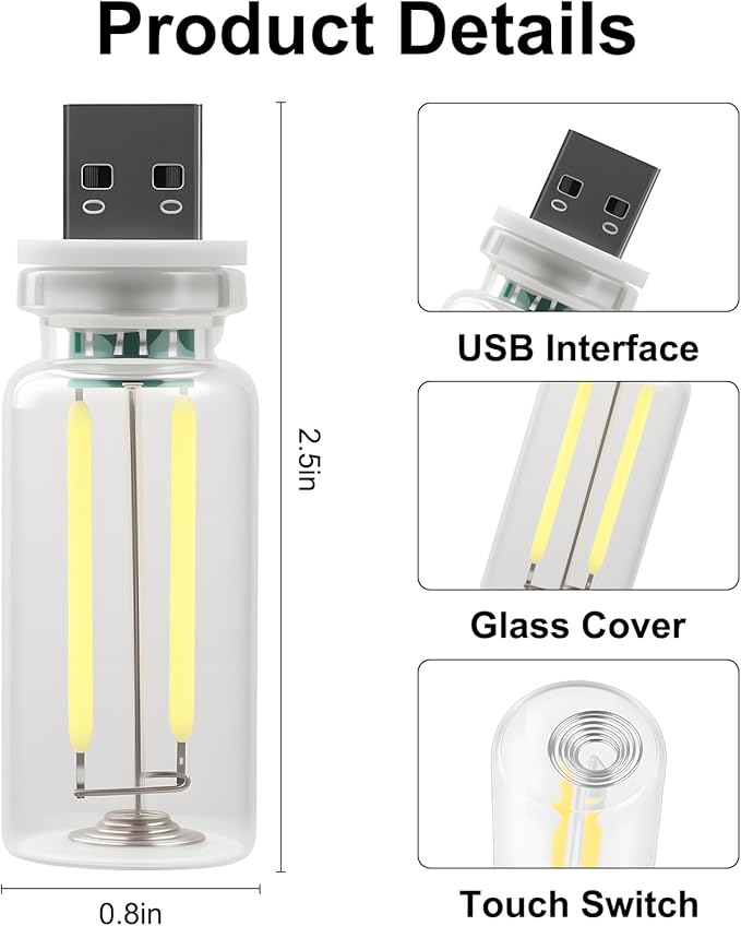 2 PCS Car USB Night Light Bulb, Touch Dimmable Car Interior Ambient Lights, Portable Mini USB Retro Glass Bottle Lamp Decorations for Vehicle, Bedroom, Hallway, Camping (Green)