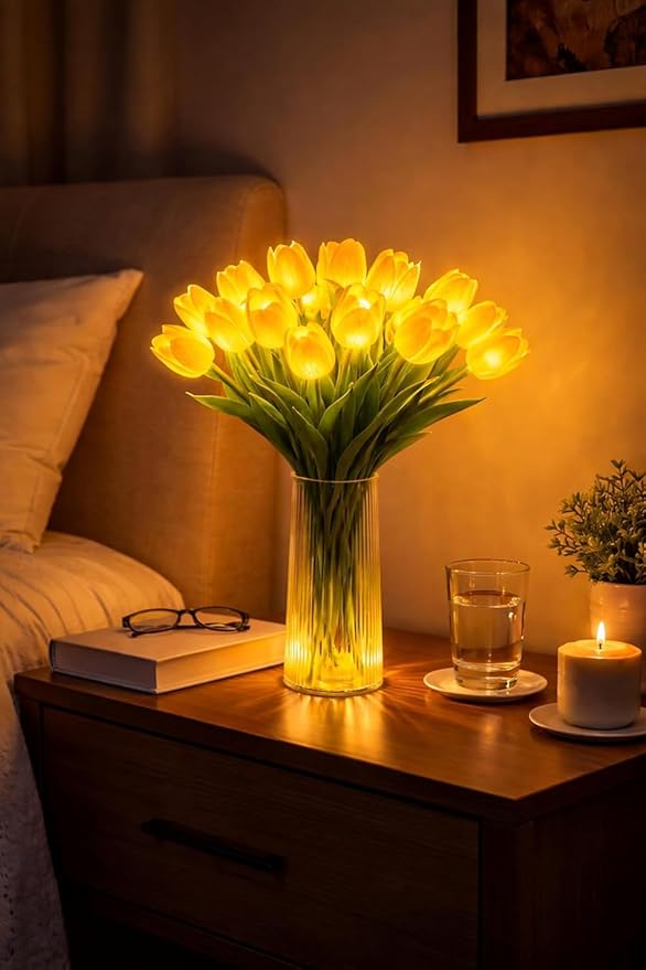 Radiant Romantic Tulip Light with a Vase, 15 PCS Twinkling Tree Tulips Led Night Light that Never Fade, Flower Shaped Ambient Night Lamp for Bedroom Bedside Decor & Gift (Pink)