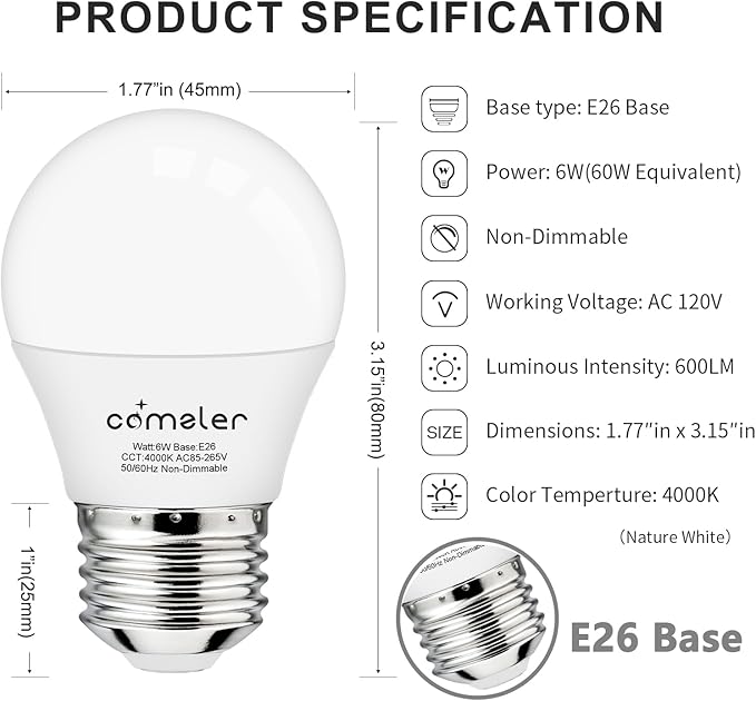 comzler LED Refrigerator Light Bulb, E26 LED Bulbs 60 Watt Equivalent, A15 Appliance Small Bulbs E26 Base with 4000K Natural White, Ceiling Fan Bulb, 600LM, Indoor Outdoor Light, Non-Dimmable, 8 Pack