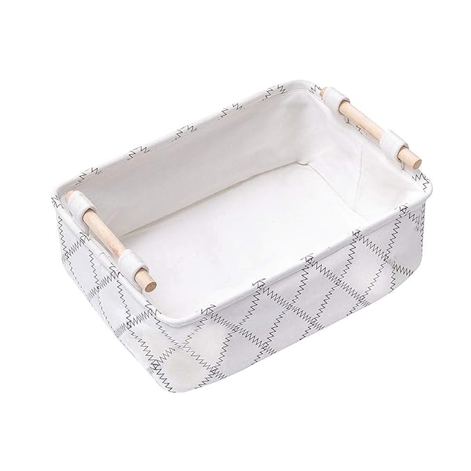 Decorative Collapsible Rectangular Fabric Storage Bin Organizer Basket with Wooden Handles for Clothes Storage,12.6x8.7x4.7 inch,White
