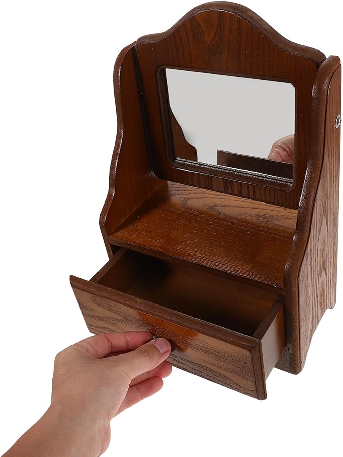 DECHOUS Wood Frame Makeup Vanity Mirror with 360° Rotation and Storage Drawer, Vintage Style Desktop Makeup Organizer for ’ Bedroom and Dressing Table