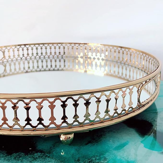 Mirrored Vanity Tray Gold Metal Perfume&Makeup Organizer Vintage Jewelry Display Storage Elegant Table Centerpiece Decorative for Dresser,Bedroom,Home Decor (Round)