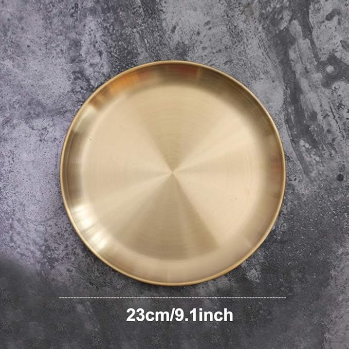 Round Brass Tray,Retro Plate Table Decor Easy Clean Stainless Steel Jewelry Organizer Round Tray for Modern Home,Jewelry, Makeup(Size:23cm)