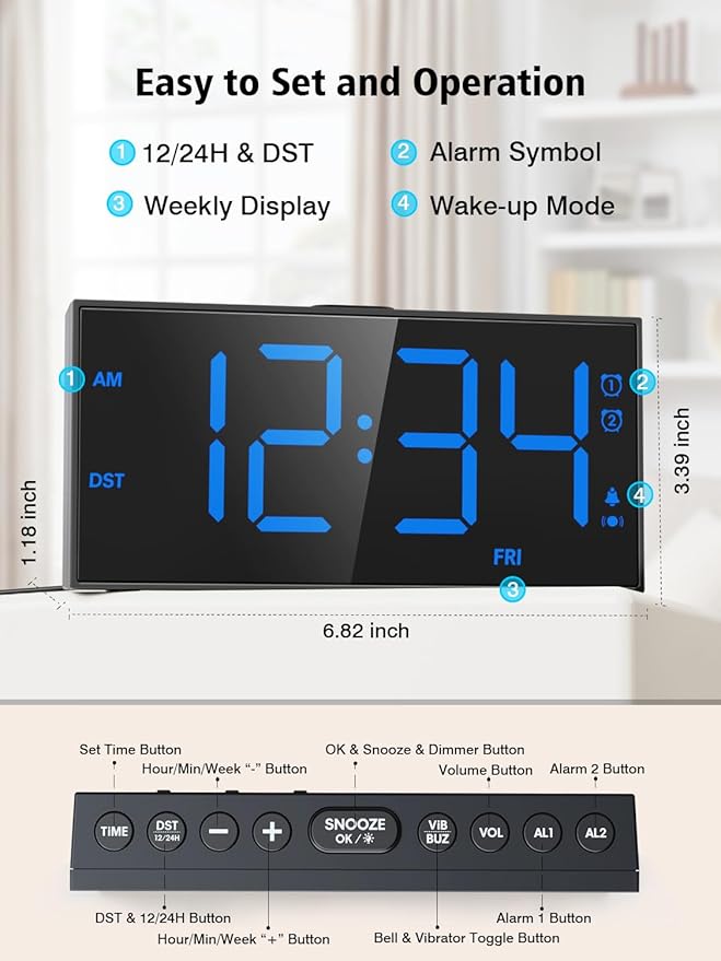 Vibrating Alarm Clock for Heavy Sleepers – Loud Bed Shaker, Dual Alarms with Weekday/Weekend Mode, 3 Vibration Levels, 5-Volume & Dimmer, Large Display, USB + Battery Backup – Deaf & Hearing-Impaired