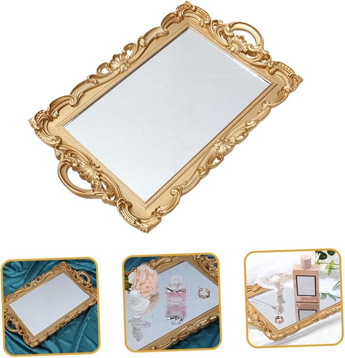 Vintage Mirror Tray for Vanity Dresser, Decorative Perfume Organizer and Makeup Tray, Mirrored Vanity Plate for Bedroom and Bathroom Décor