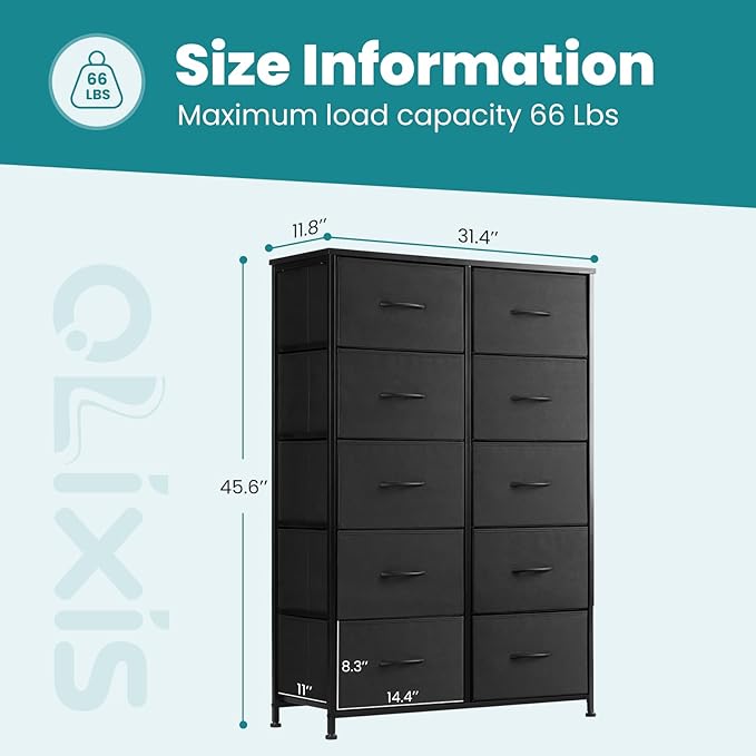 OLIXIS 10 Drawers Storage Organizers Units, Closet Organizers and Storage for Clothes, Fabric Storage Drawer for Living Room, Chest of Dresser in 31.49" D x 11.8" W x 45.78" H, Black