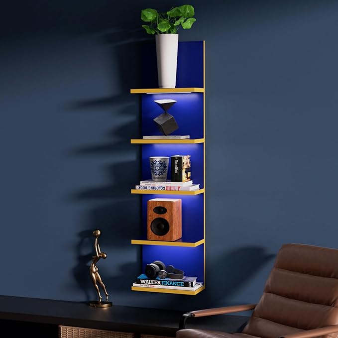 5 Tier Wall Shelves with LED Light, Vertical Column Shelf Floating Storage Home Decor Organizer Tall Tower Design Utility Shelf (Navy Blue)