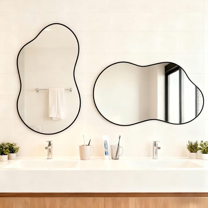 Itrue 26x46 Inch Black Framed Irregular Tempered Glass Wall Mirror, Asymmetrical Vanity Mirror for Bathroom, Bedroom, Entryway