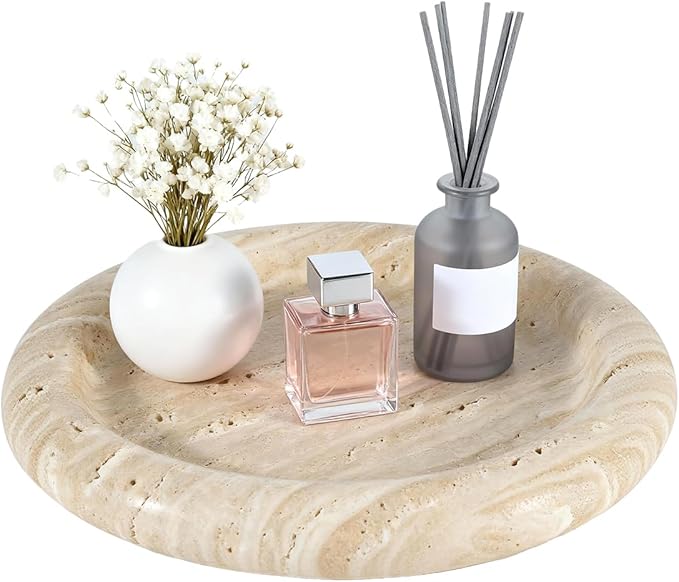 Natural Beige Travertine Vanity Tray - 8 Inch Round Stone Makeup & Jewelry Organizer Dish, Decorative Marble Tray for Bathroom Countertop, Coffee Table, Bedroom