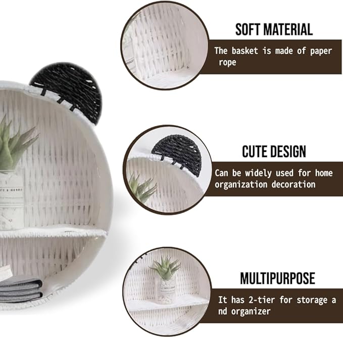 Panda Nursery Decor Wall Shelf, Handwoven Wicker Nursery Shelves for Wall, Wall Mounted Shelf for Small Books, Toys & Decor