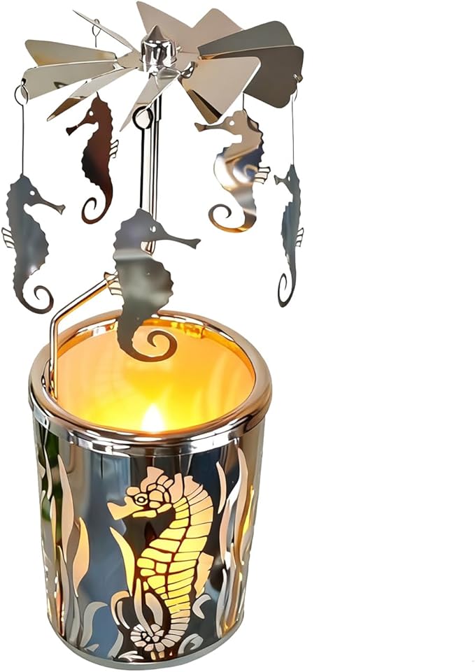 Metal Rotary Candle Holder Spinning Windmill Tea Light Carousel Decor for Home & Gifts (Silver Seahorse)
