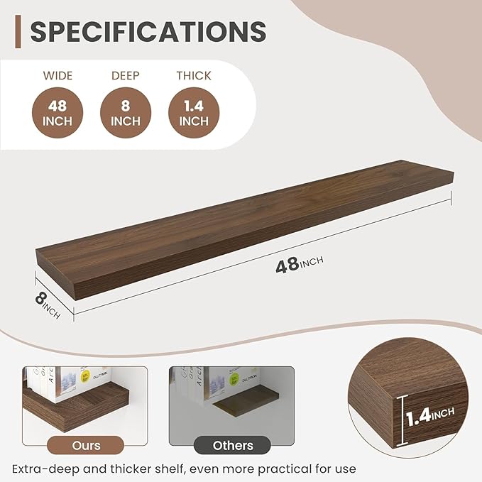 Acovy 48 Inch Floating Shelves, 8 Inch Deep Floating Shelves for Wall, Hanging Shelf with Invisible Brackets, Deep Shelves for Bathroom, Bedroom, Living Room, Walnut, Set of 2