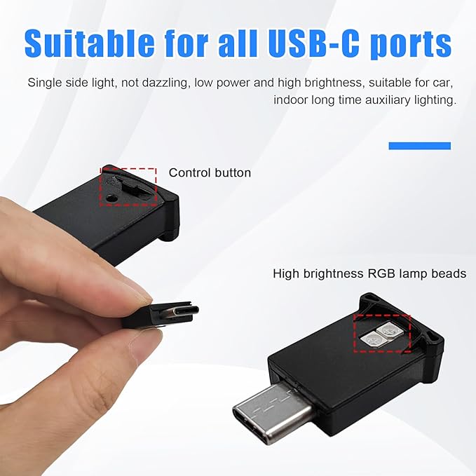 2 PCS USB Type C LED Ambient Light, 8 Colors RGB Dynamic Gradient Brightness Interior Atmosphere Lamp, Mini Adjustable Car Accessories Replace Lighting Parts for Home Laptop