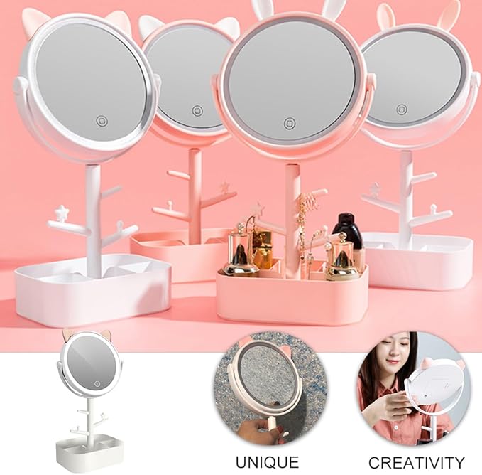 LED Makeup Mirror with Storage Box, Dimmable Rechargeable Tabletop Vanity Mirror with Desktop Organizer, Small Size Creative Cat Design for Makeup Supplies and Dressing Table Use