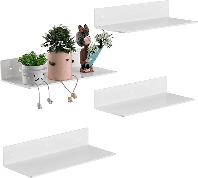 12 Inches White Acrylic Wall Shelves Set of 4, Wall Mounted Shelves Moel Car, Candle, Calendar, Towel, Tissue, Doll, 2 Pack