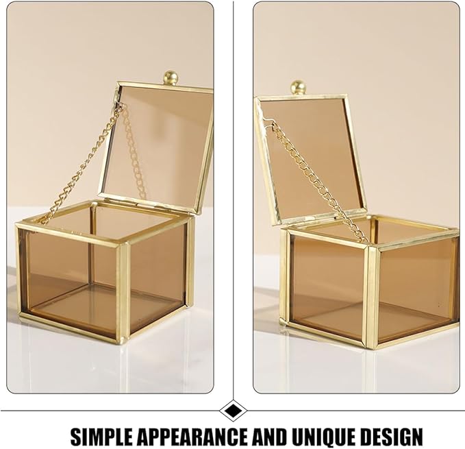 Outanaya Square Glass Jewelry Box with Lid, Nordic Style Amber Glass Organizer for Cosmetics and Jewelry Storage, Decorative Home Perfume Case for Women