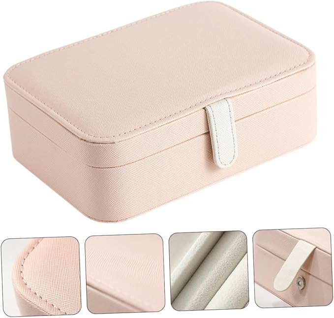 Healeved Portable Jewelry Box with Mirror, Pu Pink Necklace and Earring Holder, Rings Organizer and Cosmetics Storage Case for Women Travel and Daily Use