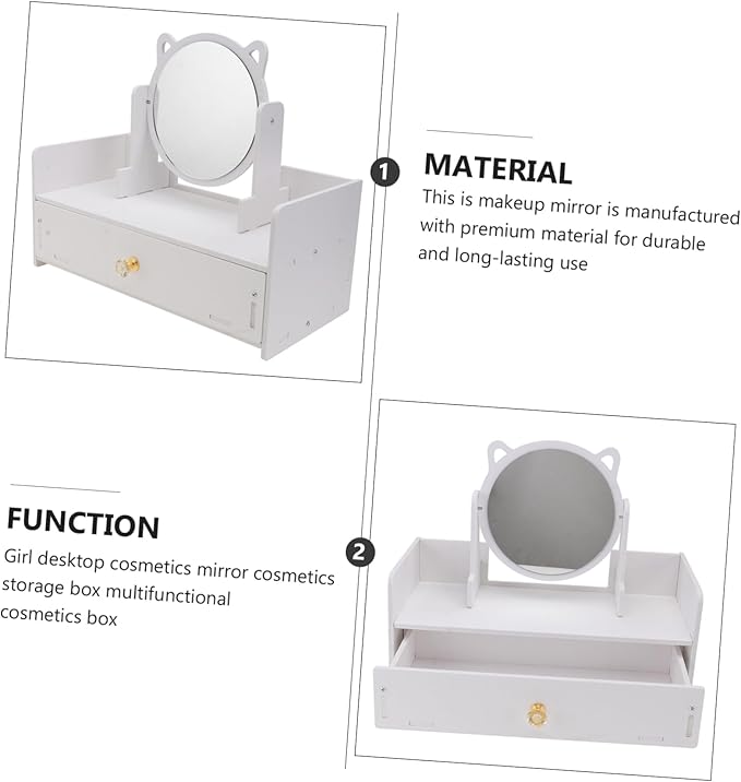 SHERCHPRY 1Pc Rotatable Desktop Makeup Mirror with Storage Drawer Girl Cosmetics Organizer Box for Vanity Countertop Clear Smooth Reflective Surface Material