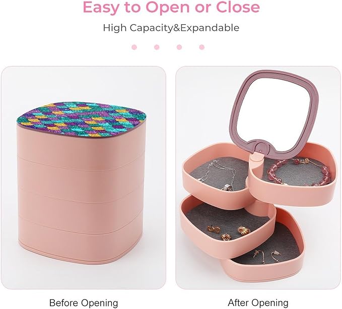 4-Layer Rotating Jewelry Storage Tray with Mirror Colorful Mermaid Fish Scales Jewelry Organizer Earring Holder for Bracelets Rings