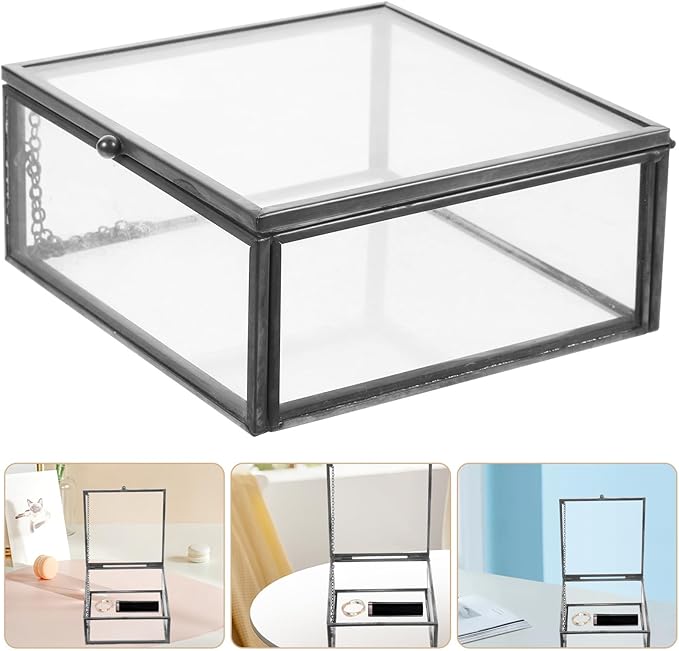 SHINEOFI Jewelry Storage Box with Glass Container and Black Alloy Frame, Perfume and Cosmetic Organizer Case with Lid, Dustproof Desktop Jewelry Holder for Home Use