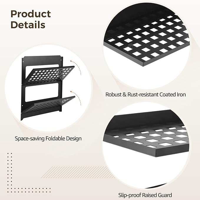 OMISTAR 2-Tier Folding Metal Wall Shelf, Foldable Wall-Mounted Rack, Space-Saving Double-Layer Shelf, Black Iron Floating Shelf for Kitchen, Bathroom, Laundry, Easy Installation with Screws (Black)