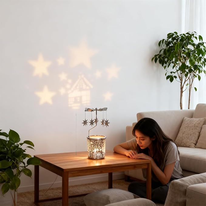 Metal Rotary Candle Holder Spinning Windmill Tea Light Carousel Decor for Home & Gifts (Silver North Star)