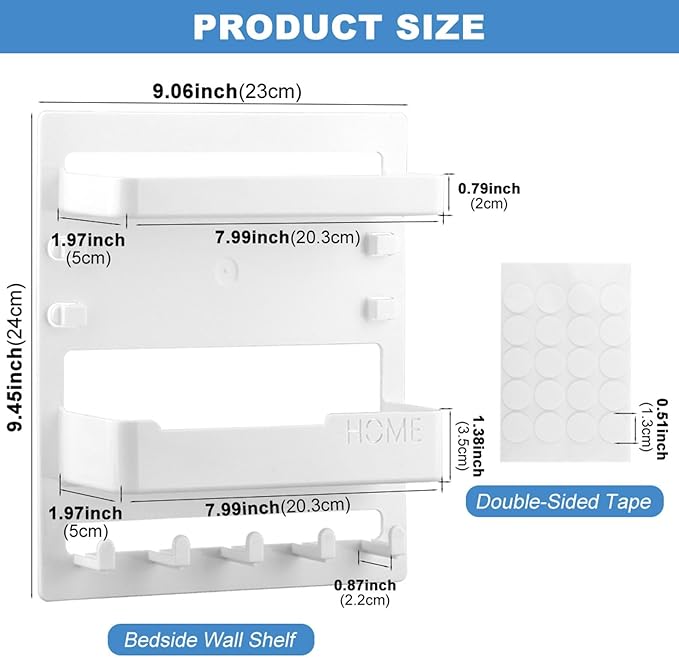 Bedside Shelf Wall Mount and Wall Nightstand for Bedroom,Adhesive Nightstand Wallshelf with 5 Hooks,Wall Mount Shelf Organizer for Charging Station and Remote Control Holder(White)