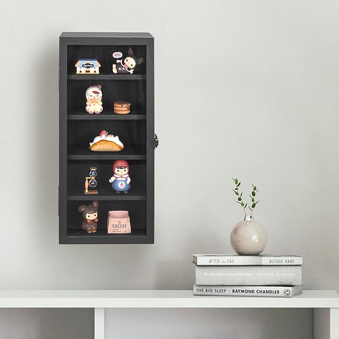 Ikee Design Wall Mounted Wooden Collectible Display Case 5 Shelf Display Storage Accessories with Tempered Glass Door, Black Color