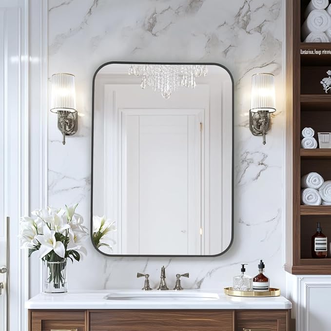 MZON 20x30 Inch Matte Black Bathroom Mirror, Rectangle Wall Mirror for Bathroom or Entryway, Anti-Rust Frame & Tempered Glass, Hangs Horizontally/Vertically - Space-Saving Minimalist Decor