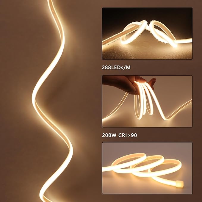 BENLUN AC 110V COB LED Strip Lights Outdoor Waterproof 65.6ft, 3000K Warm White Super Bright 200W CRI 90+ LED Rope Light, IP65 Flexible Cuttable, for Bedroom Garden Commercial House