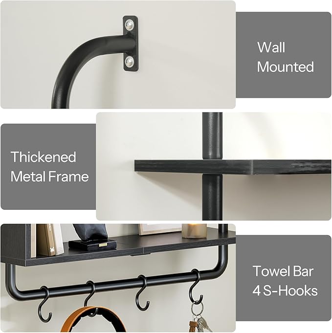 HOOBRO Floating Shelves with LED Lights, 29.5" LED Wall Mounted Gaming Shelf, 3-Tier Pipe Display Rack with Hanging Rod and 4 S-Hooks, for Storage Livingroom, Bedroom, Kitchen, Black BB21DBJ01